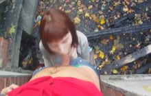 Outdoor POV blowjob with redhead girl